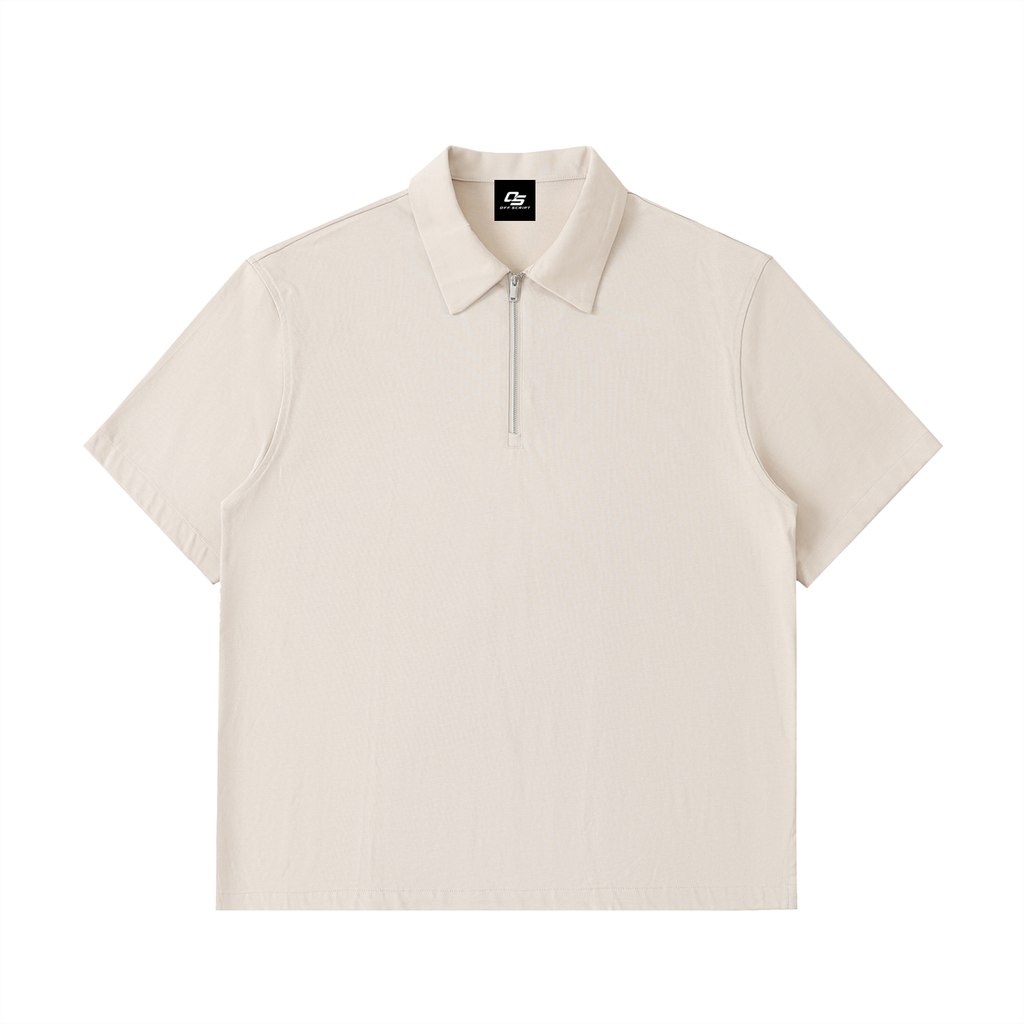 Pale Khaki Half-Zip Cotton Polo Shirt front view