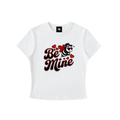 Be Mine women's bodycon graphic T-shirt in White – front bee wearing sunglasses with red Valentine hearts