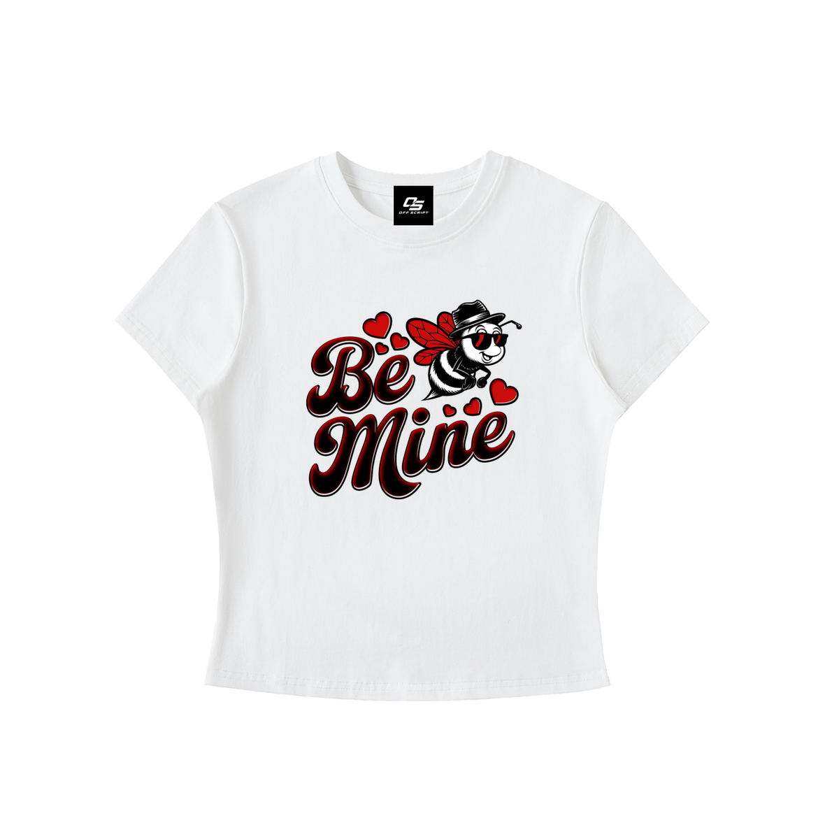 Be Mine women's bodycon graphic T-shirt in White – front bee wearing sunglasses with red Valentine hearts