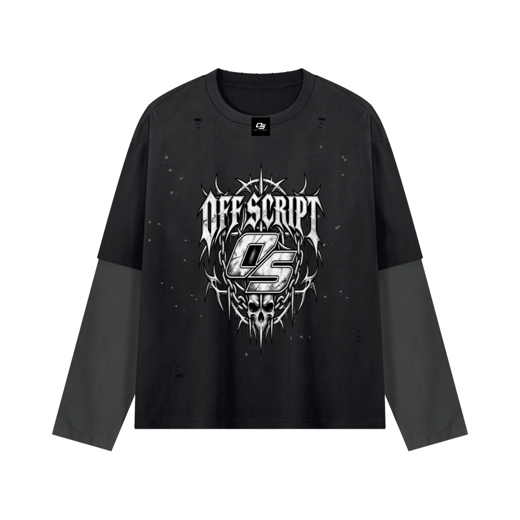 Off Script Gothic Skull Vintage Wash Distressed Layer T-Shirt