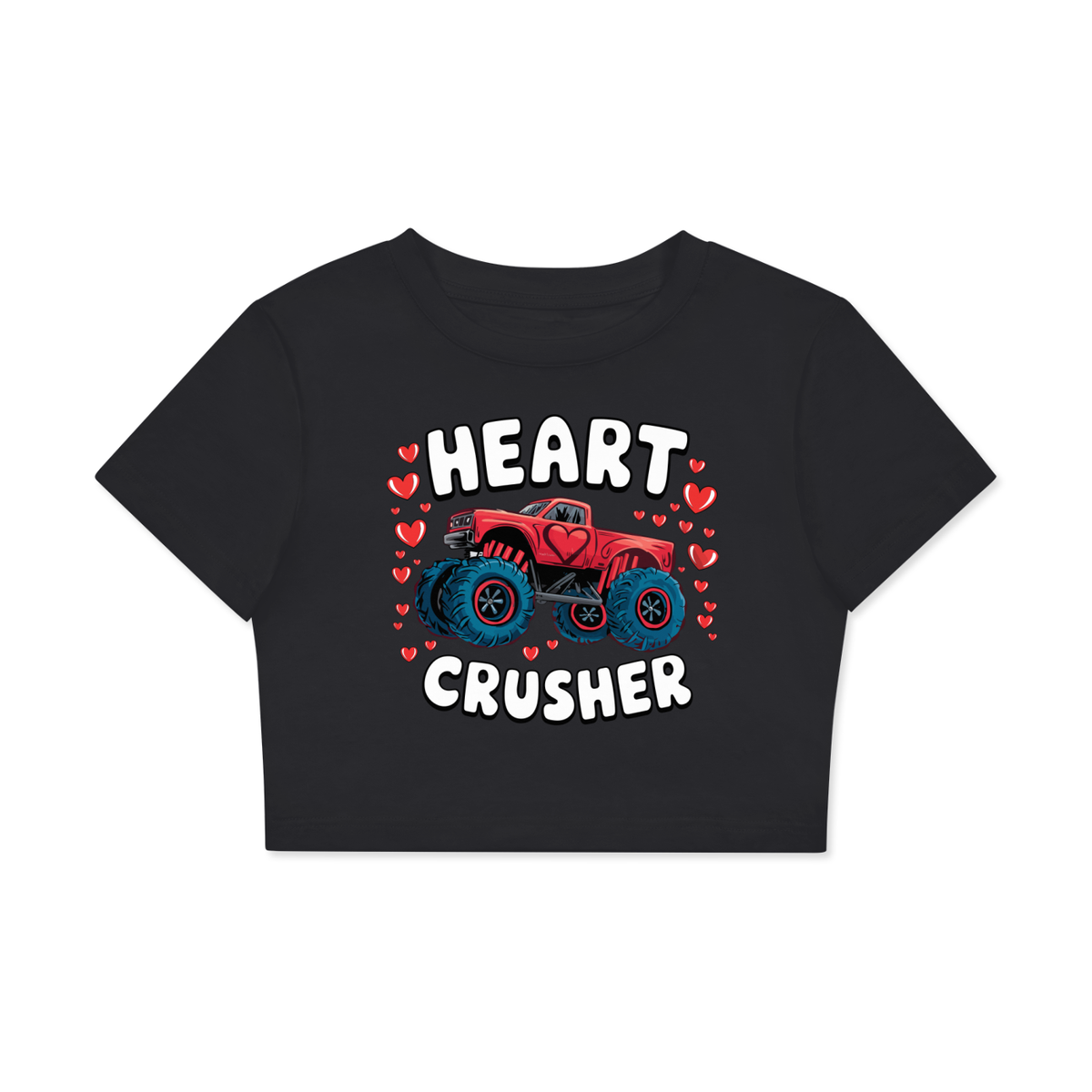 Heart Crusher women's fitted crop graphic T-shirt in Black Beauty – front monster truck with red hearts