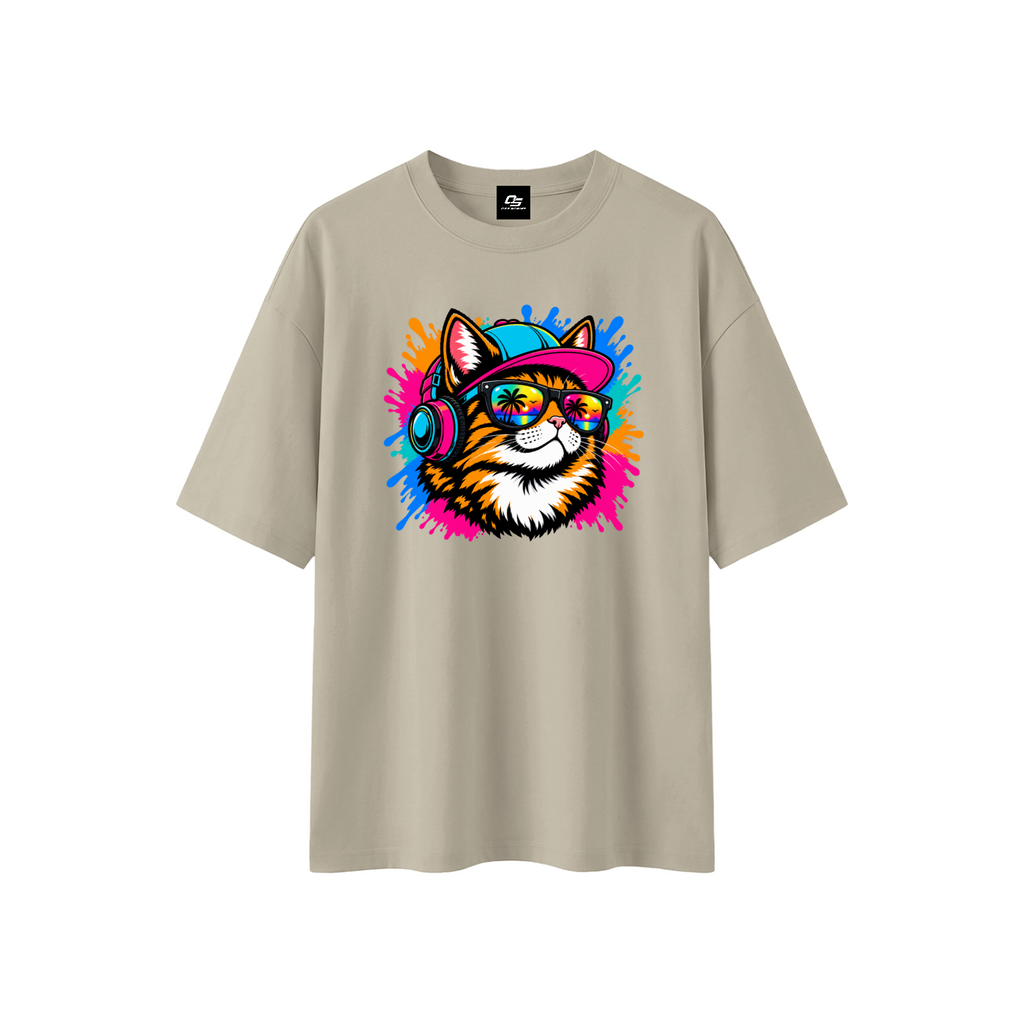 Cool Cat Sunset Headphones Unisex Boxy Oversized T-Shirt – Light Gray