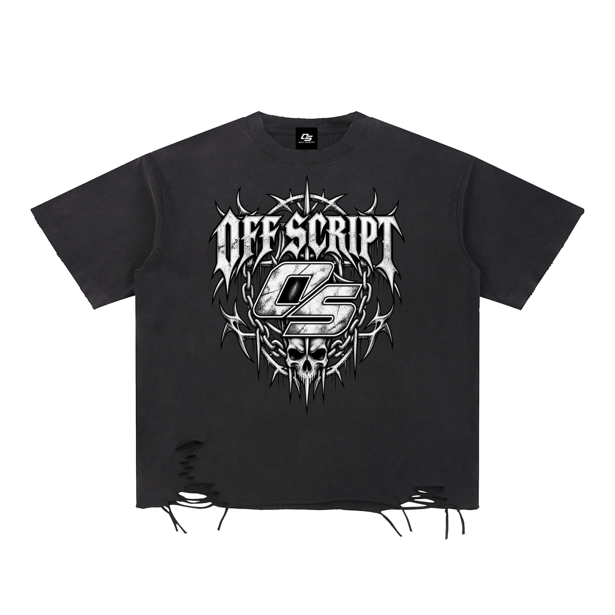 Off Script Gothic Skull Front-Print Snow Washed Raw-Hem T-Shirt