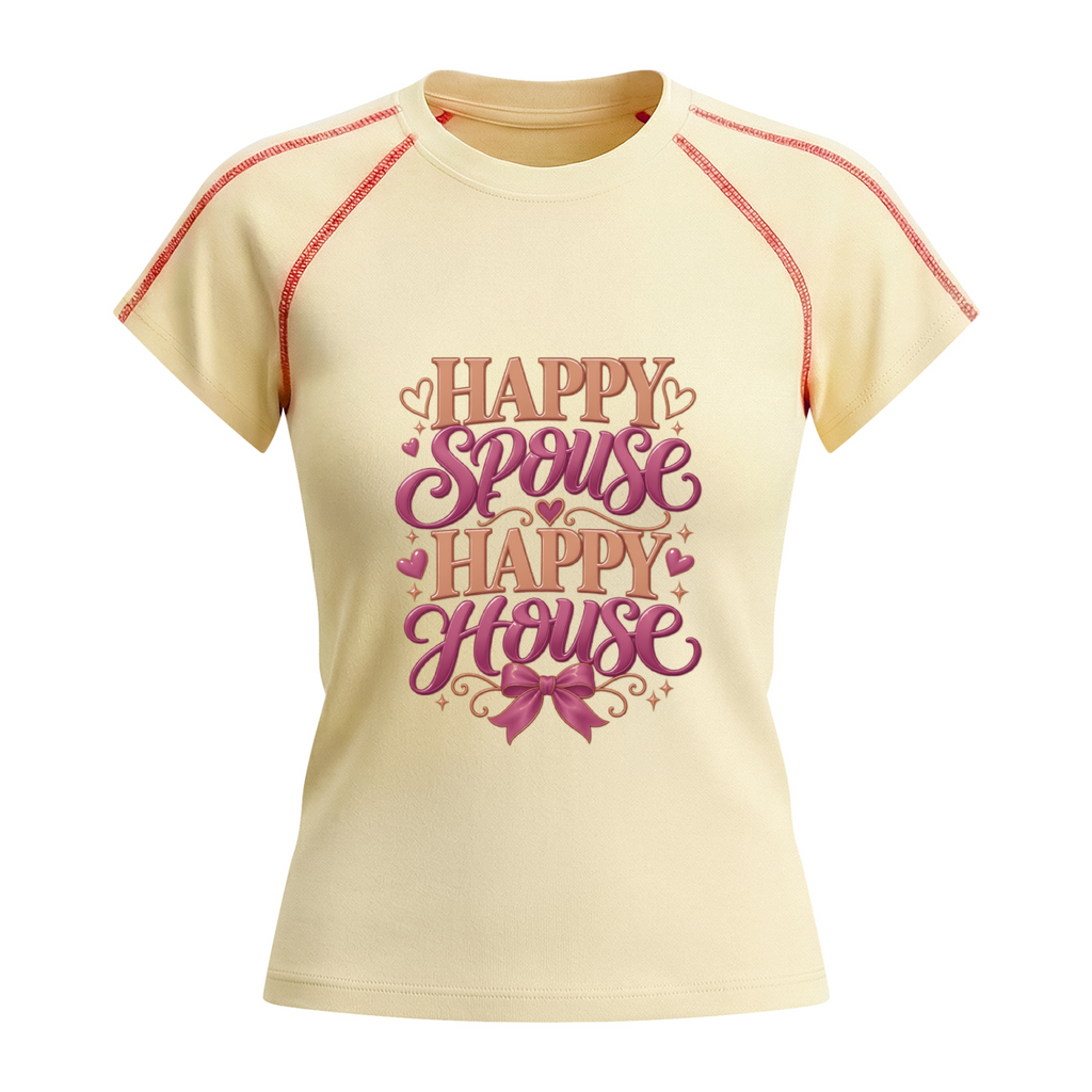 Happy Spouse Happy House Women's Graphic Raglan T-Shirt - Apricot front 3D mockup
