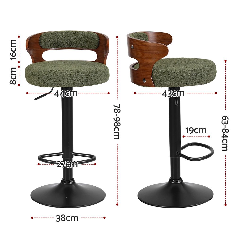 Artiss 2x Bar Stools Counter Chair Gas Lift Swivel Kitchen Bentwood Boucle Green