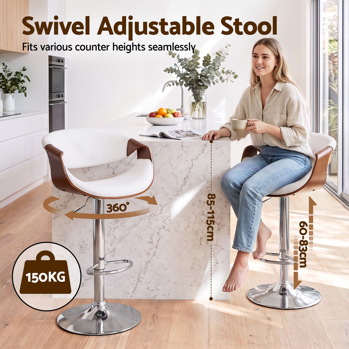 Artiss 1x Bar Stool Counter Chair Ambrus Swivel Adjustable Bentwood PU White