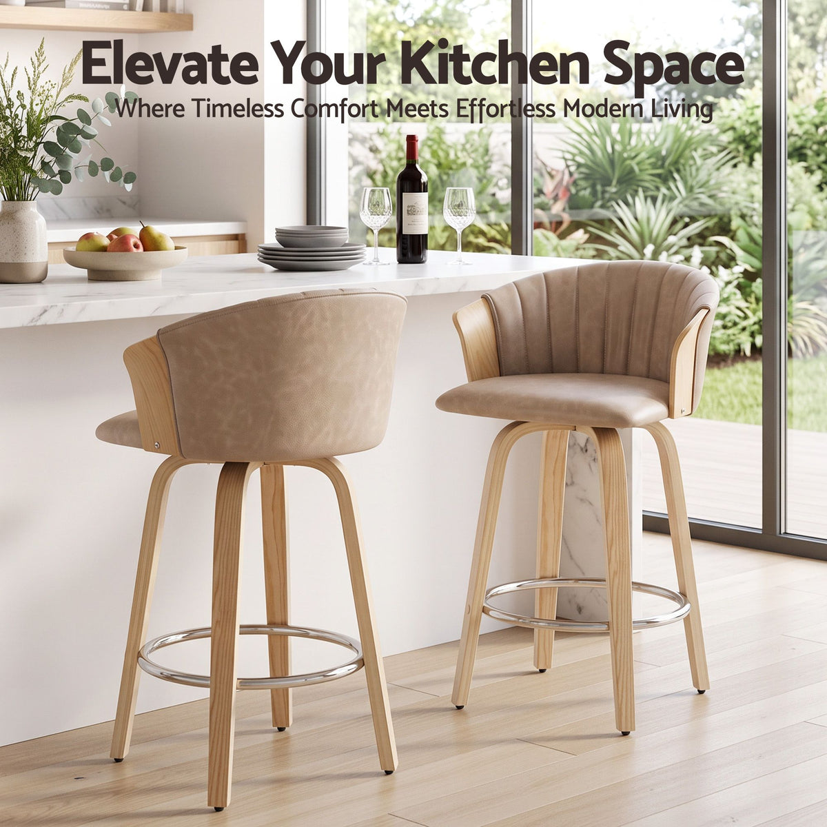 Artiss Wooden Bar Stools Set of 2 Swivel Kitchen Counter Stools Chair 66cm Khaki — product photo 5 of 10