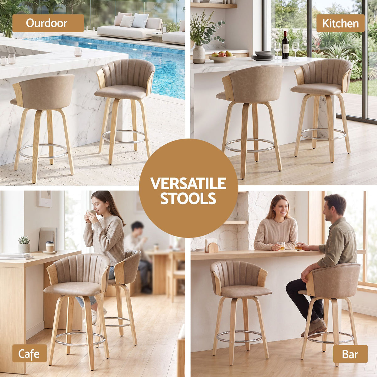 Artiss Wooden Bar Stools Set of 2 Swivel Kitchen Counter Stools Chair 66cm Khaki — product photo 10 of 10