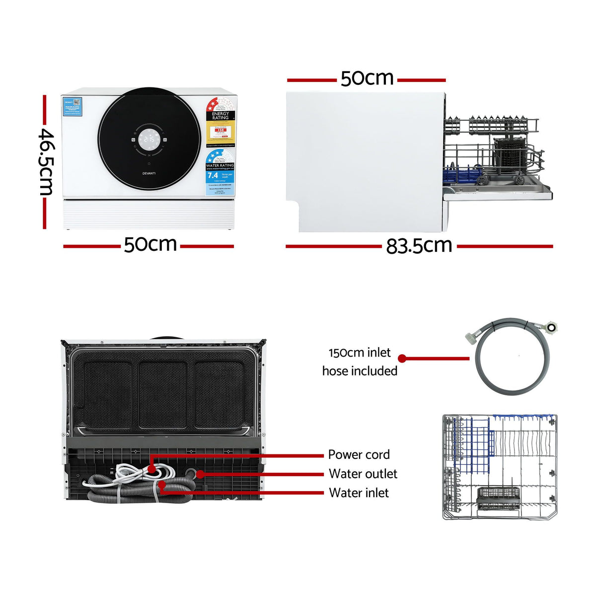 Devanti 6-Place Setting Benchtop Dishwasher 50cm White