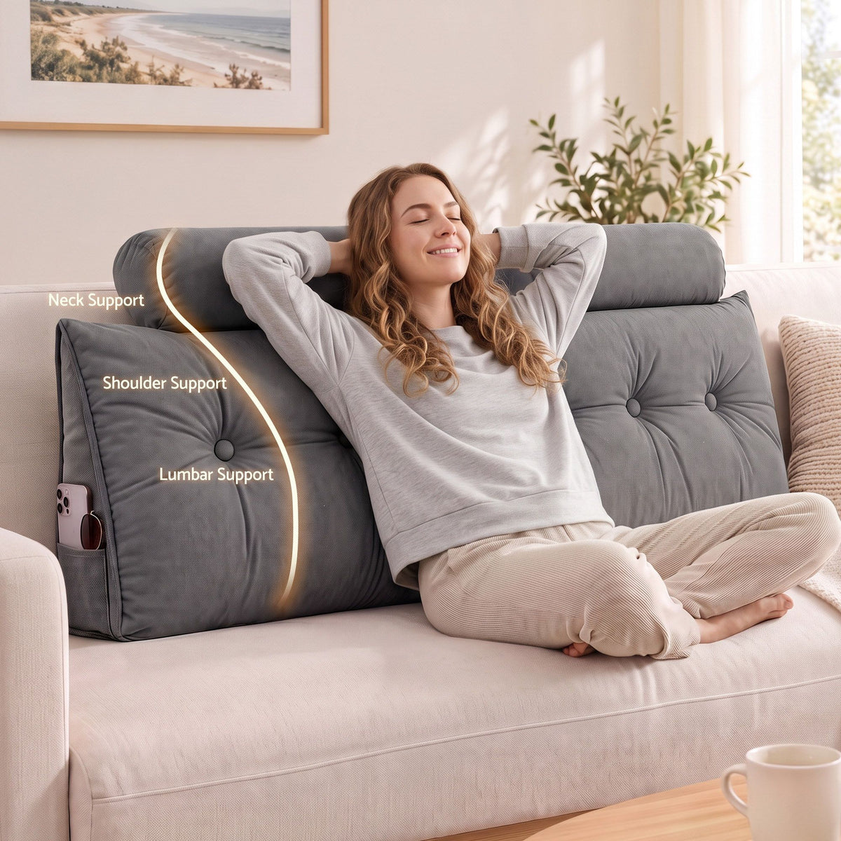 Artiss Triangular Headboard Backrest Pillow with 2 Cushions, Queen, Grey