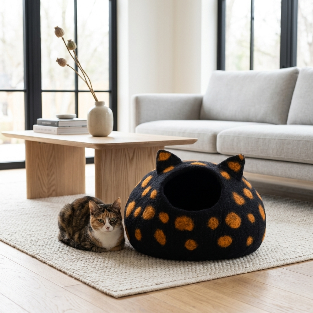 Black and Orange Spotted Wool Cat Cave Bed
