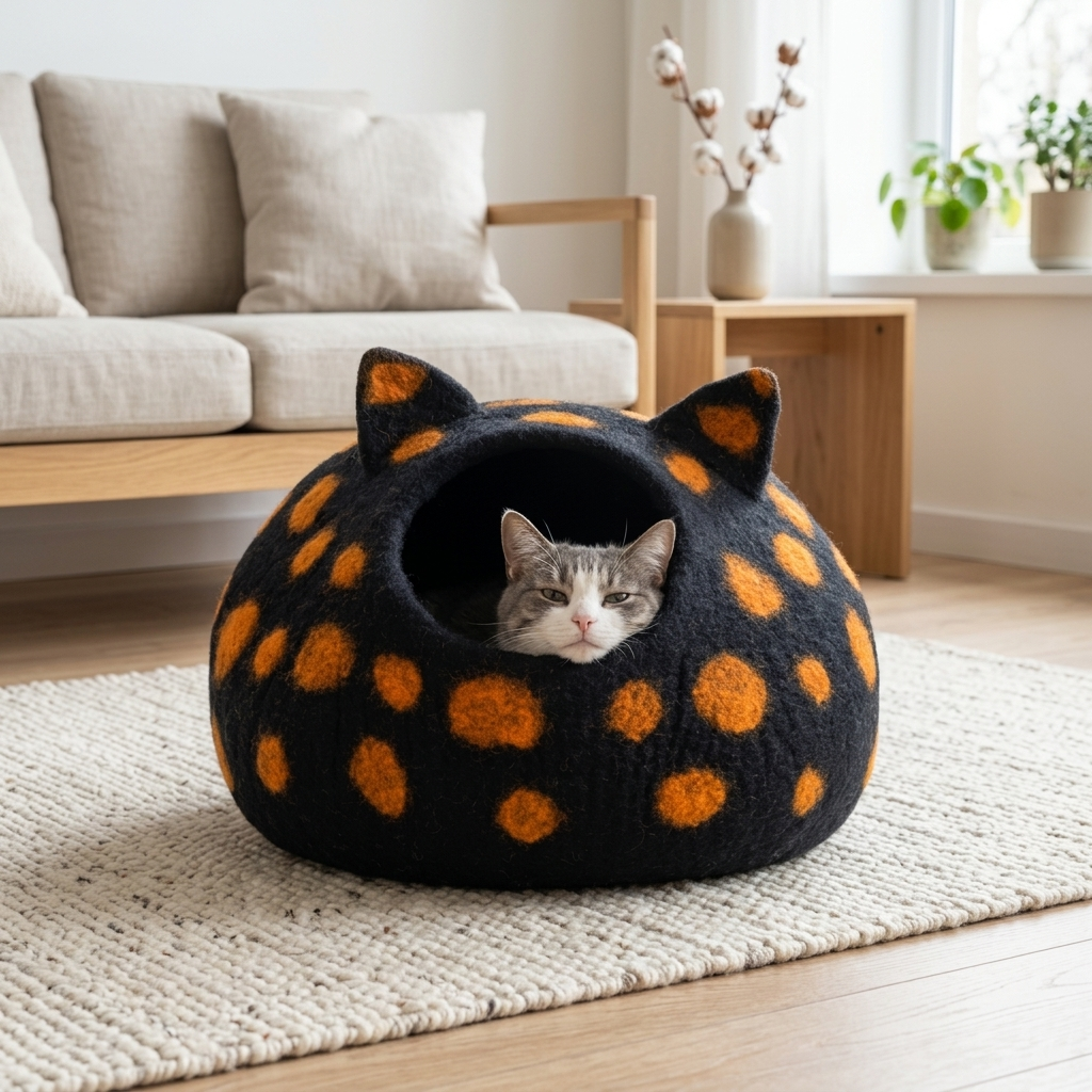 Black and Orange Spotted Wool Cat Cave Bed