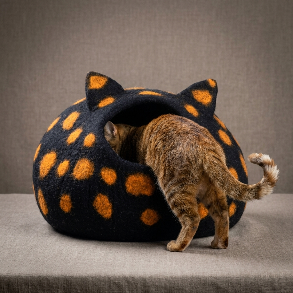 Black and Orange Spotted Wool Cat Cave Bed