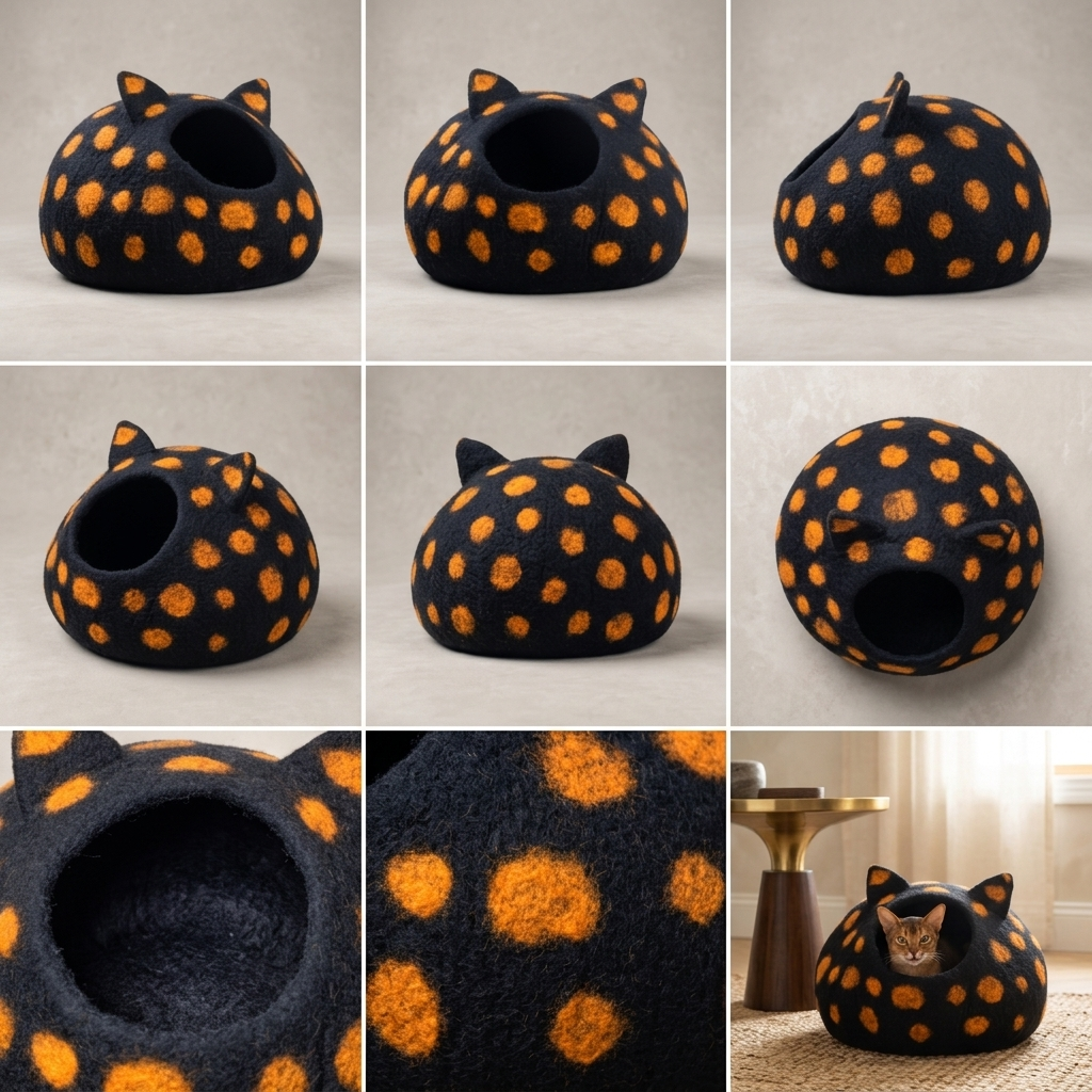 Black and Orange Spotted Wool Cat Cave Bed