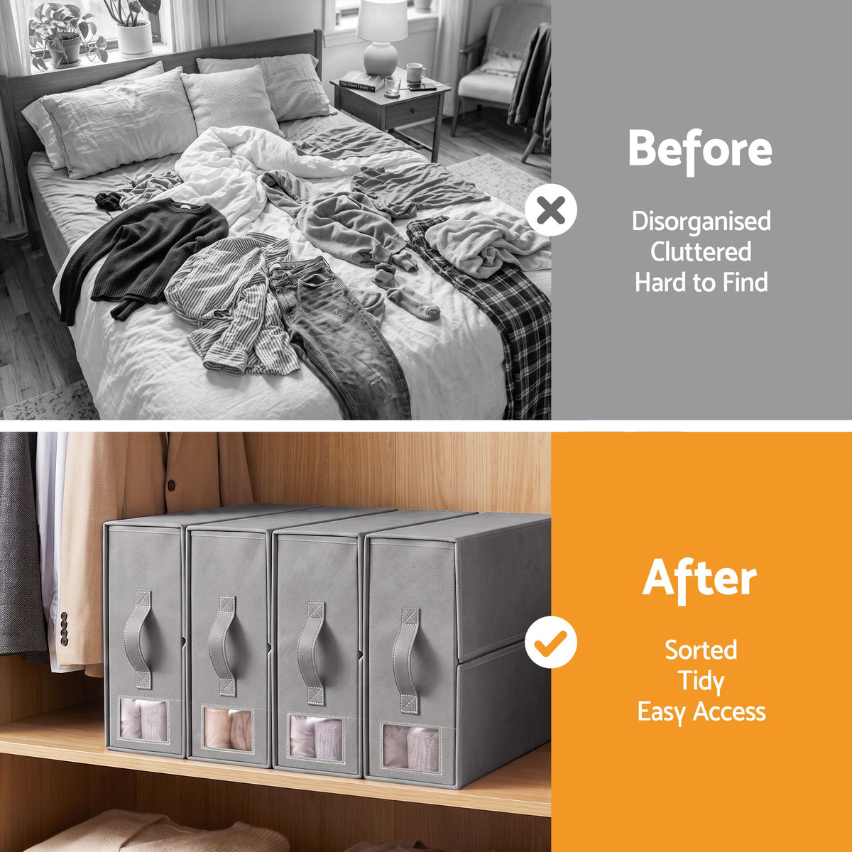 Artiss Foldable King Bedding Storage Boxes – Set of 4, Grey