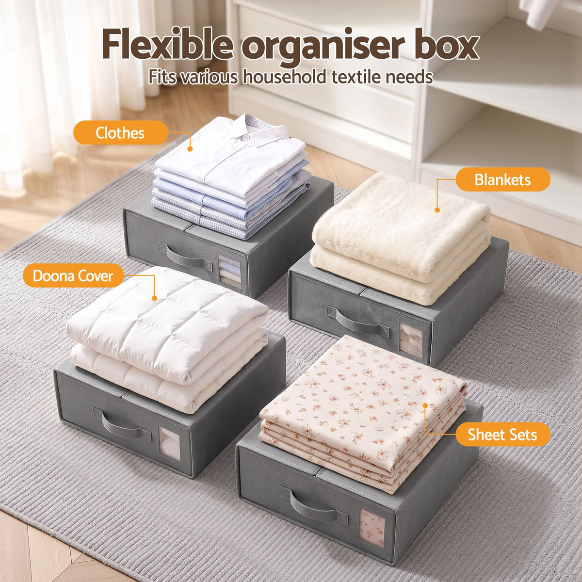 Artiss Foldable King Bedding Storage Boxes – Set of 4, Grey