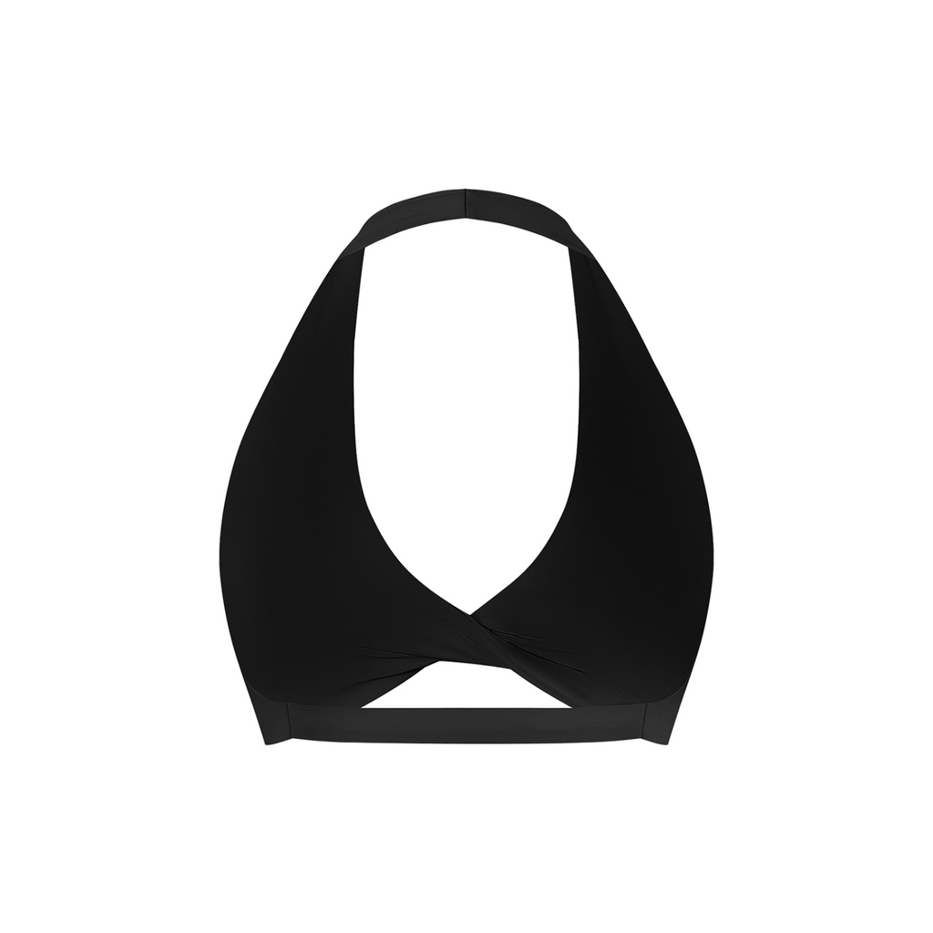 Off Script Women's Twist Front Halter Sports Bra - Black back 3D mockup