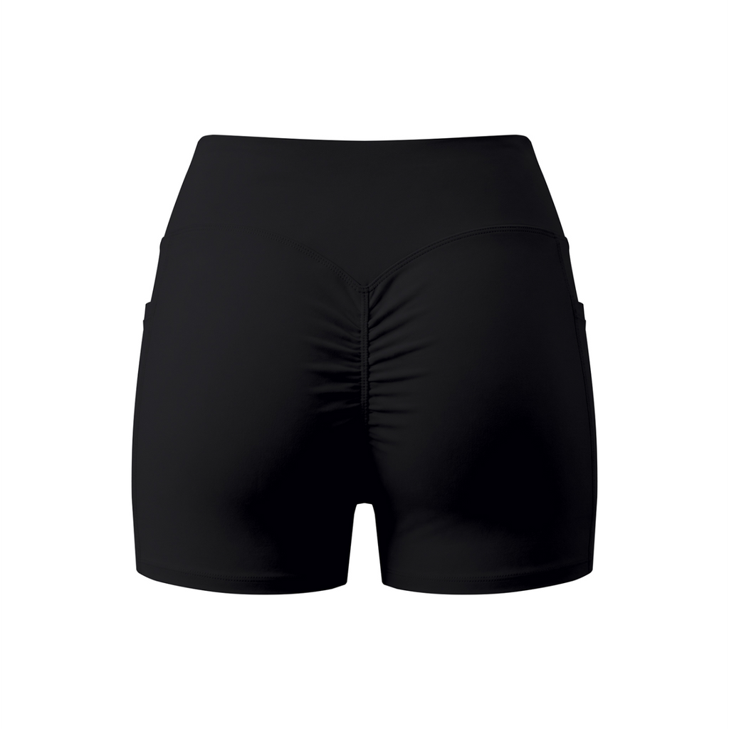Women’s High Rise Pocket Yoga Shorts - Black - back 3D mockup