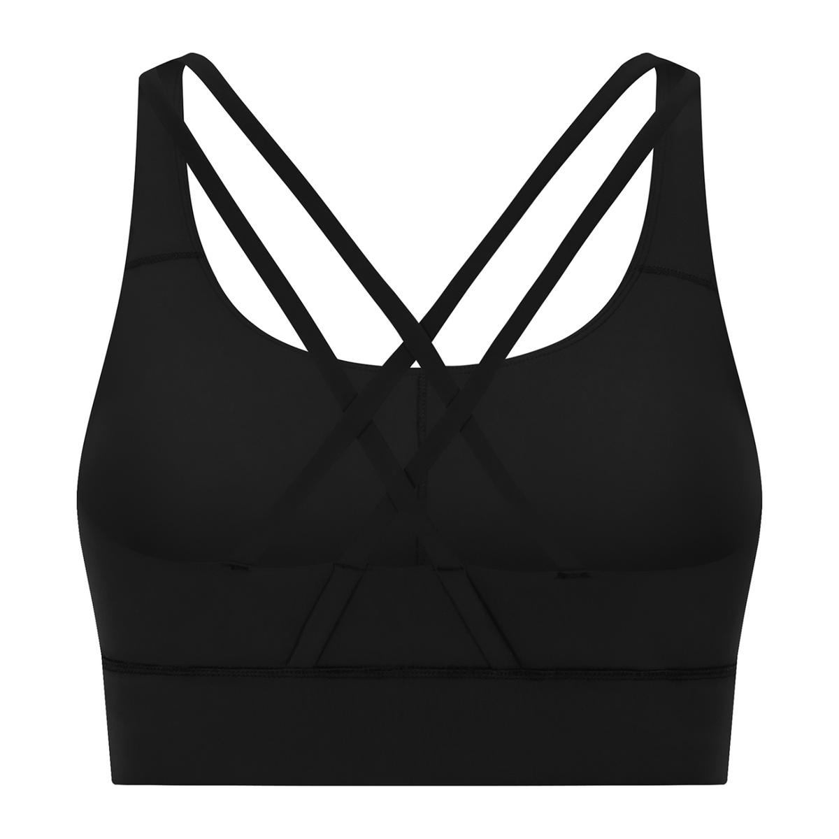 Off Script Women’s Strappy Criss-Cross Sports Bra - Black back 3D mockup