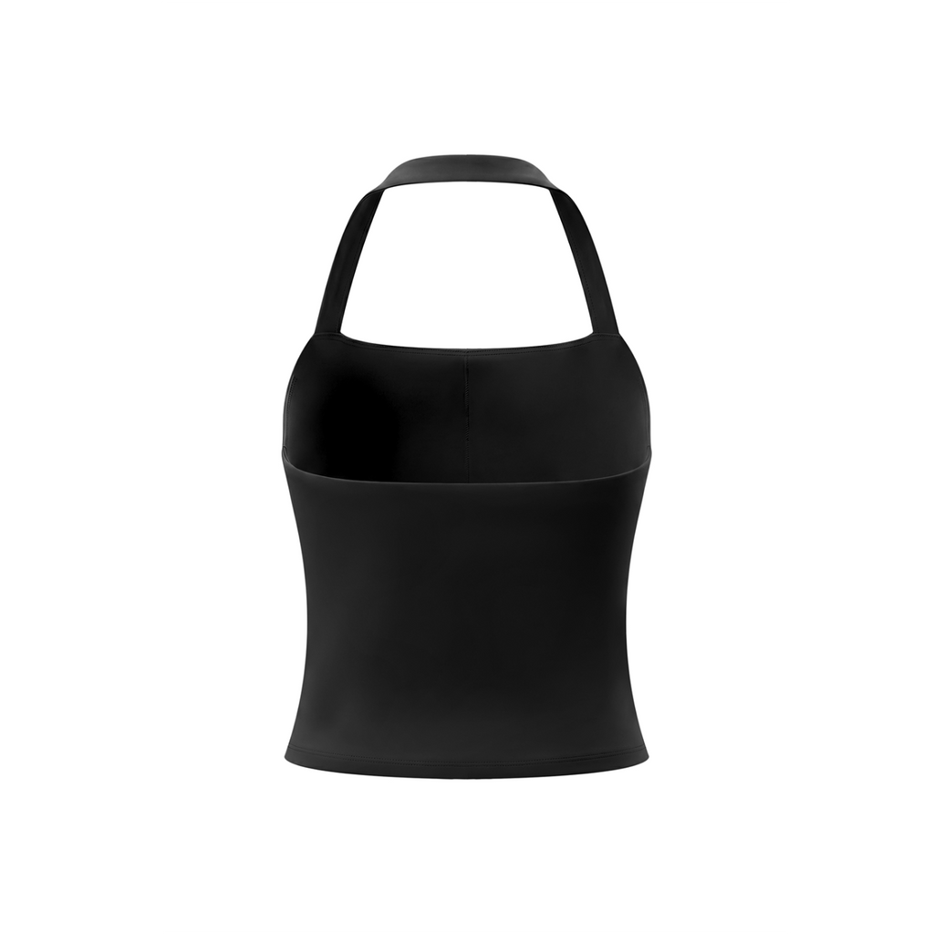 Off Script Women’s Halter Crop Sports Bra - Black back 3D mockup