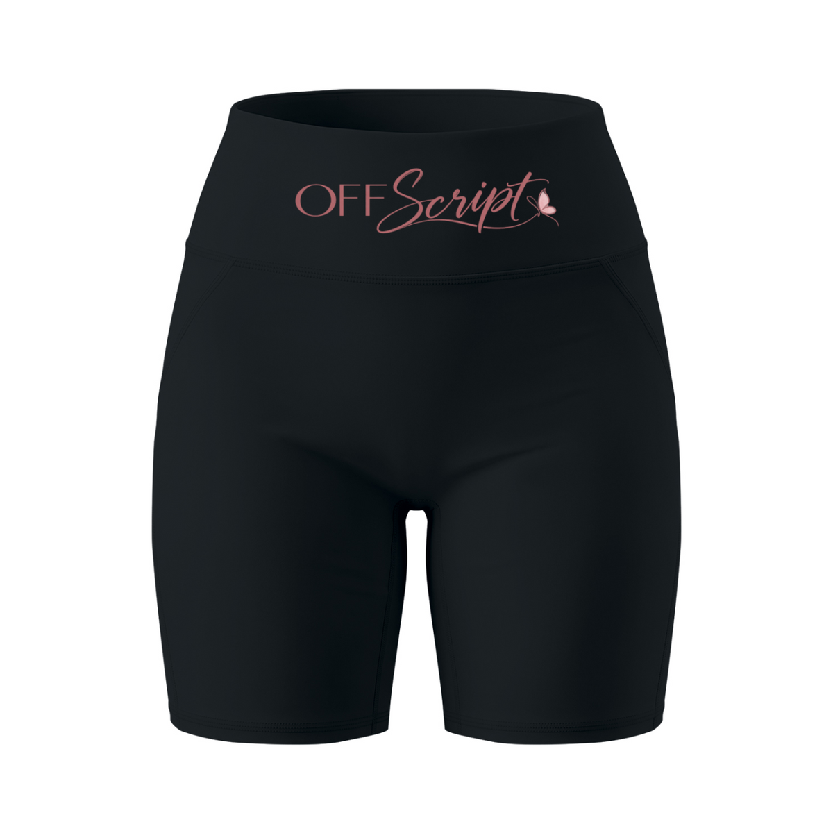 Off Script Women’s High Waisted Yoga Biker Shorts - Black front mockup