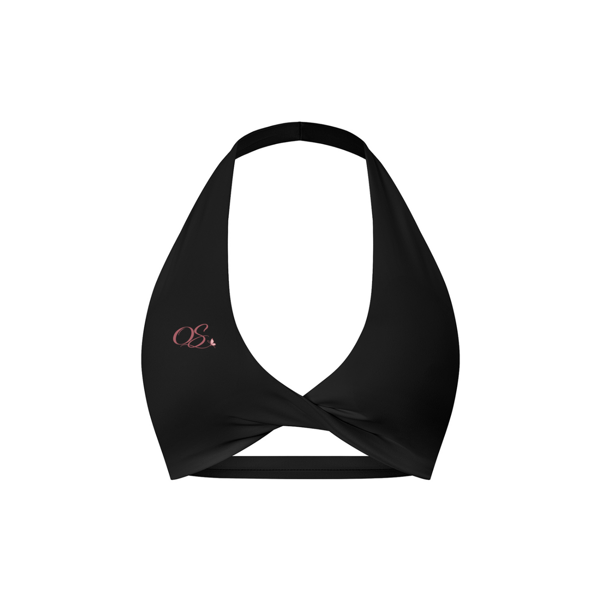 Off Script Women's Twist Front Halter Sports Bra - Black front 3D mockup