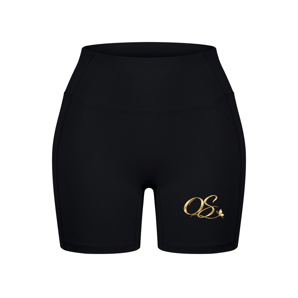 Off Script Women’s High Waisted Yoga Biker Shorts - Black front 3D mockup