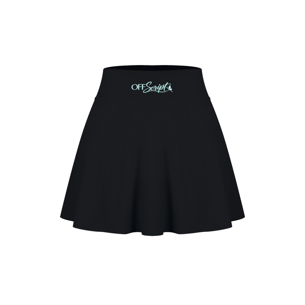 Off Script Women’s Pleated A-Line Tennis Skirt - Black front 3D mockup