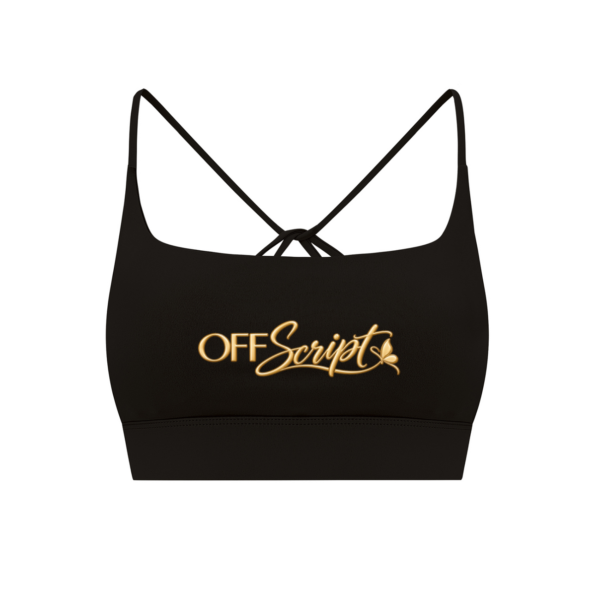 Off Script Women’s Strappy Criss-Cross Yoga Sports Bra - Black front 3D mockup