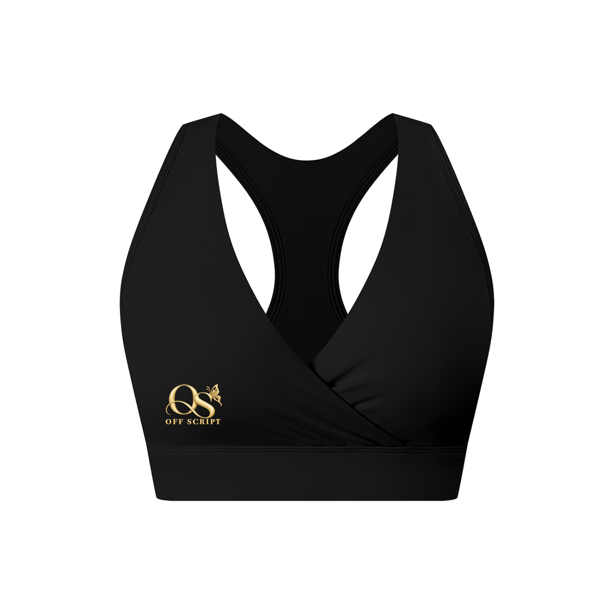 Off Script Women’s Crossover V-Neck Sports Bra - Black front 3D mockup