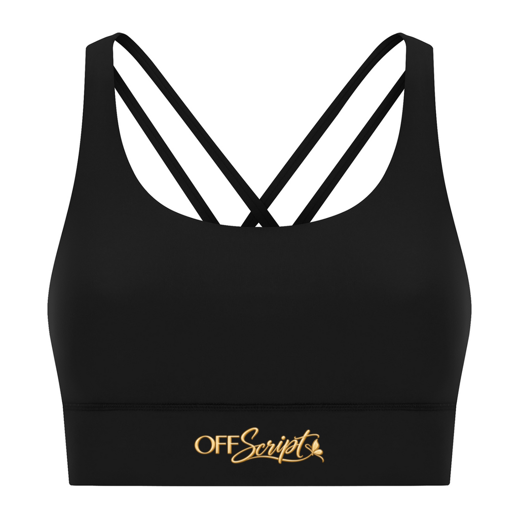 Off Script Women’s Strappy Criss-Cross Sports Bra - Black front 3D mockup