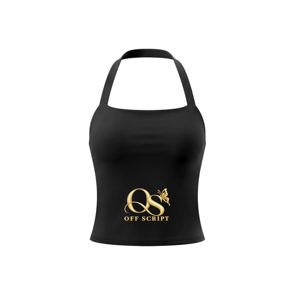 Off Script Women’s Halter Crop Sports Bra - Black front 3D mockup