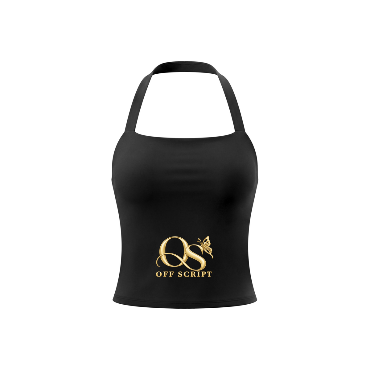 Off Script Women’s Halter Crop Sports Bra - Black front 3D mockup