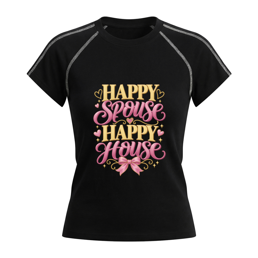 Happy Spouse Happy House Women's Graphic Raglan T-Shirt - Black front 3D mockup