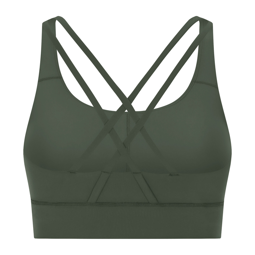 Off Script Women’s Strappy Criss-Cross Sports Bra - Blackish Green back 3D mockup