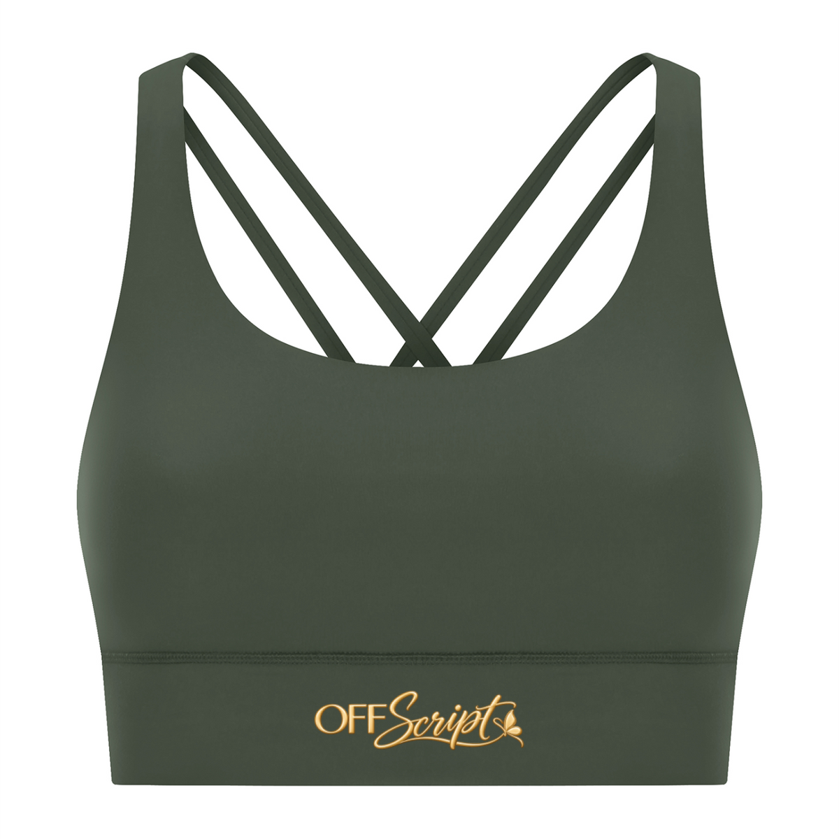 Off Script Women’s Strappy Criss-Cross Sports Bra - Blackish Green front 3D mockup