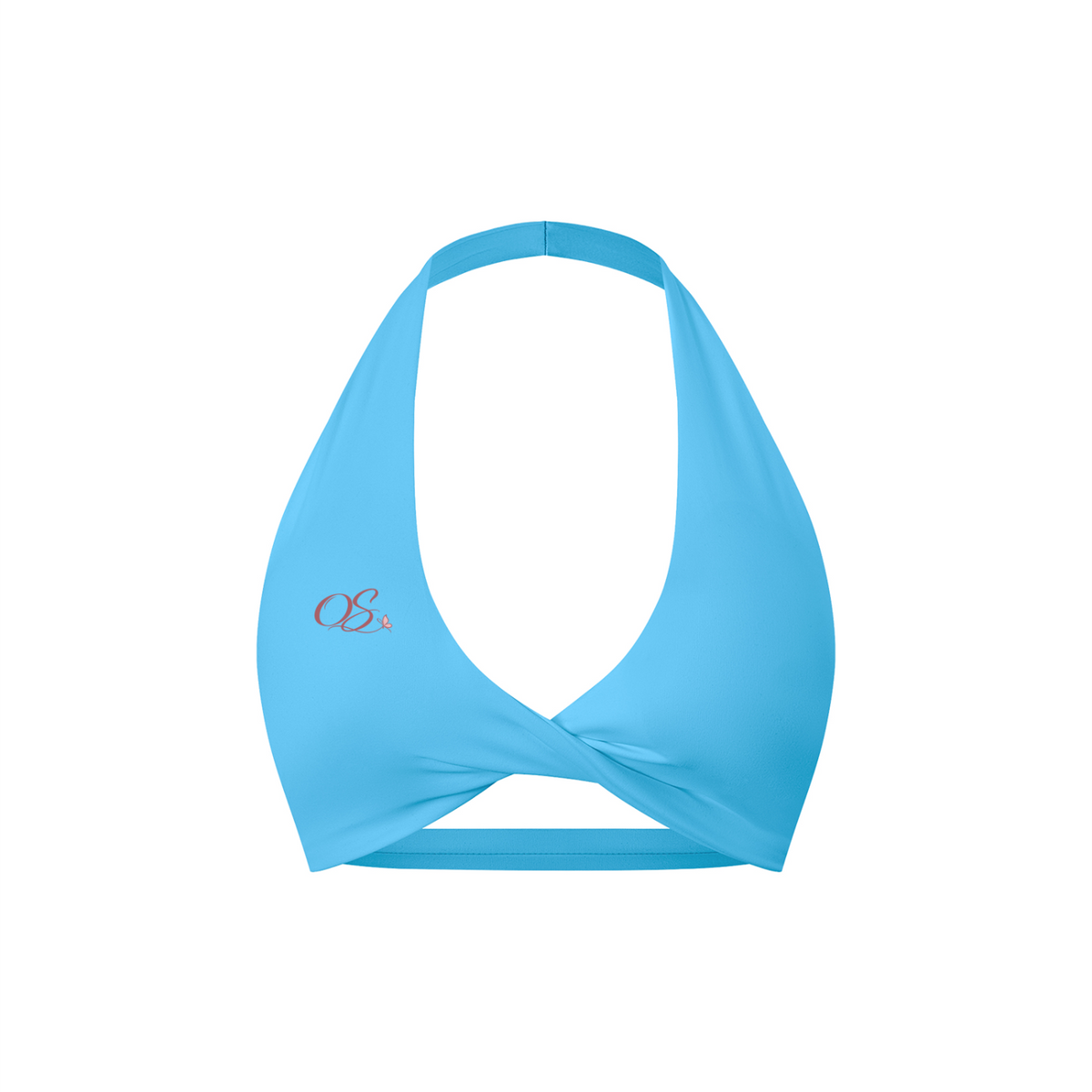 Off Script Women's Twist Front Halter Sports Bra - Blue front 3D mockup