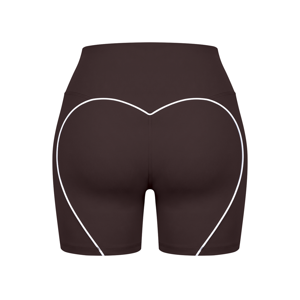 Off Script Women’s High Waisted Yoga Biker Shorts - Brown back 3D mockup