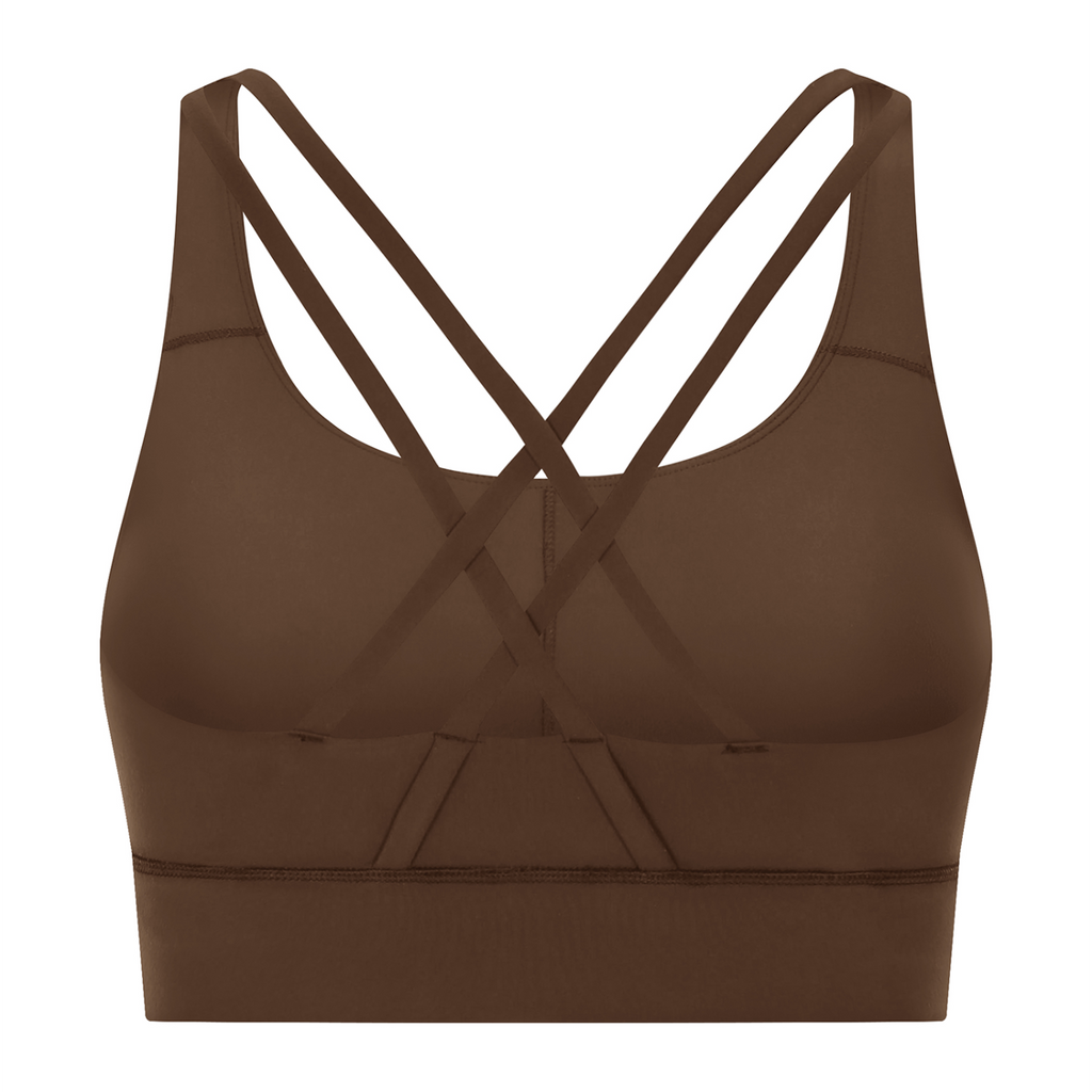 Off Script Women’s Strappy Criss-Cross Sports Bra - Brown back 3D mockup