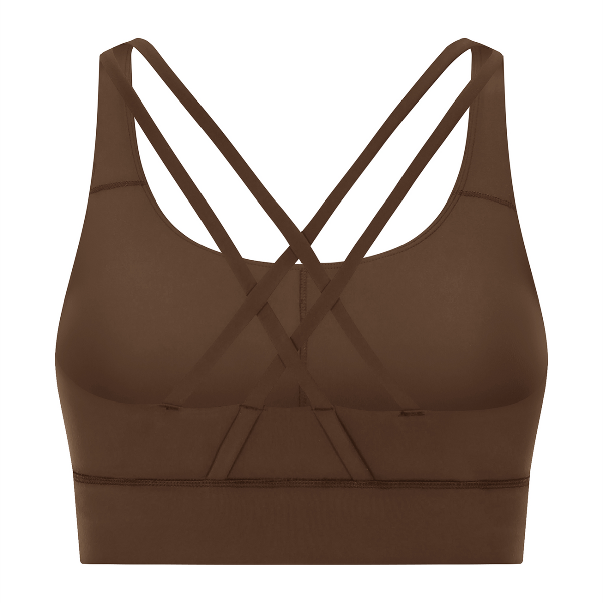 Off Script Women’s Strappy Criss-Cross Sports Bra - Brown back 3D mockup