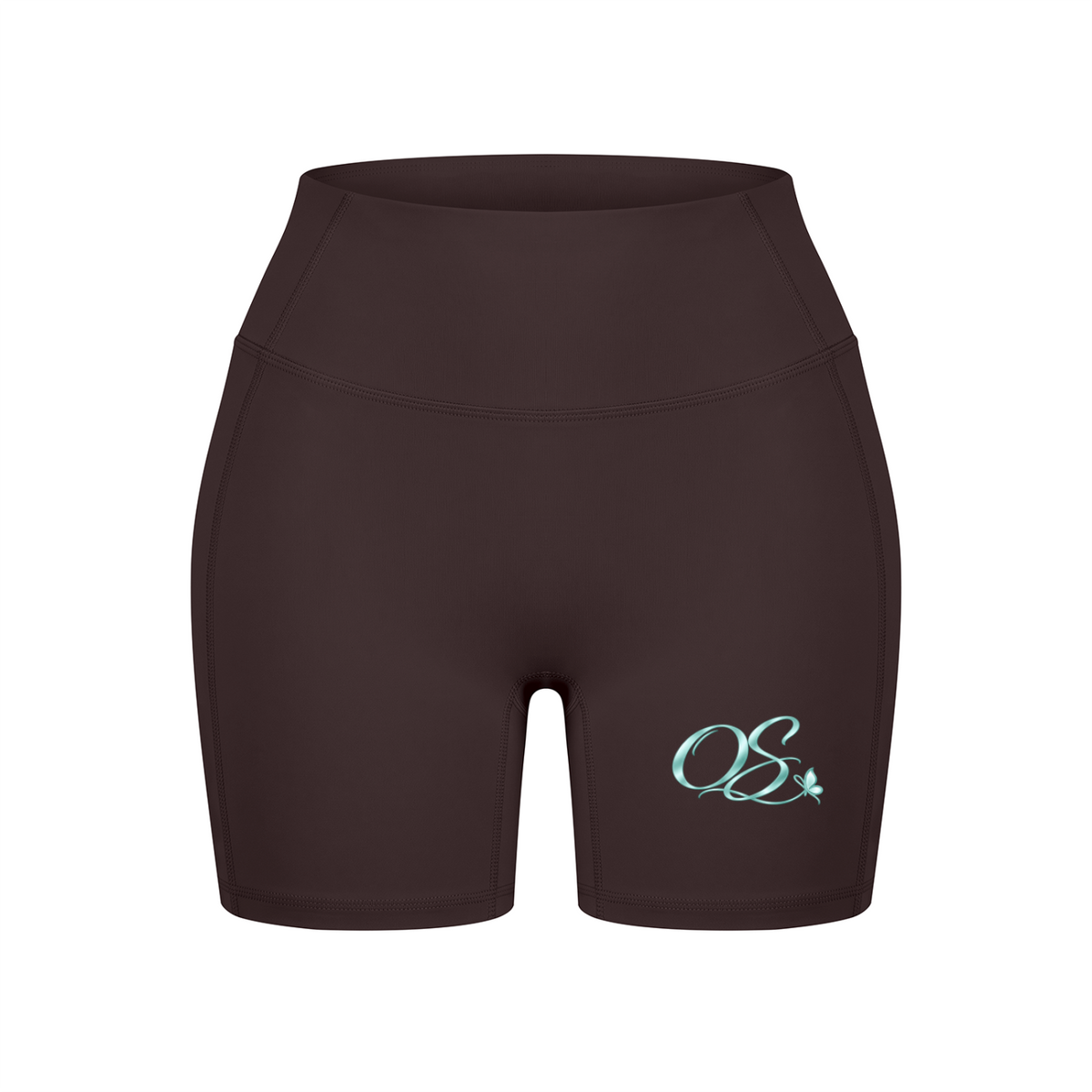 Off Script Women’s High Waisted Yoga Biker Shorts - Brown front 3D mockup