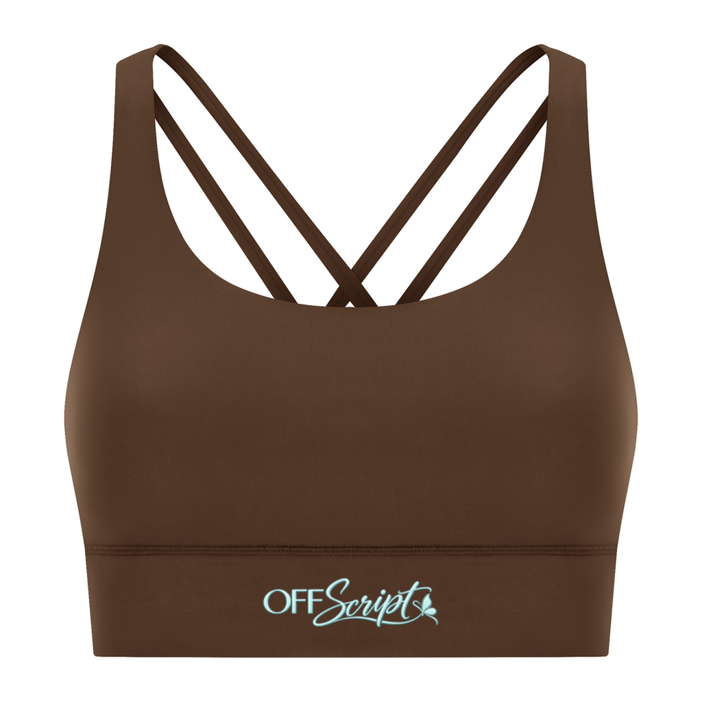 Off Script Women’s Strappy Criss-Cross Sports Bra - Brown front 3D mockup