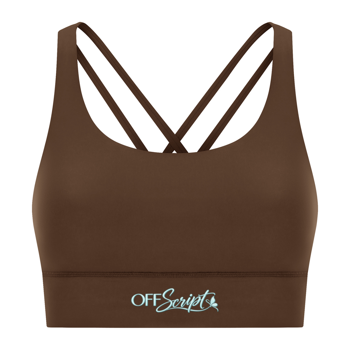Off Script Women’s Strappy Criss-Cross Sports Bra - Brown front 3D mockup