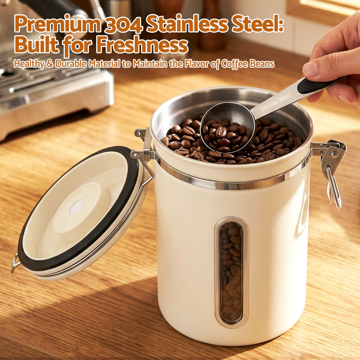 5-Star Chef 1.8L Stainless Steel Coffee Bean Storage Canister – Beige