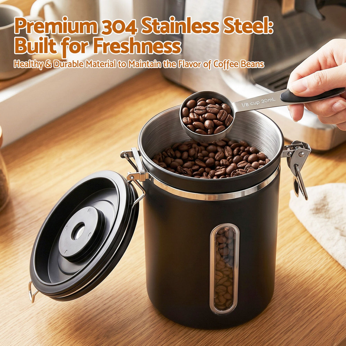 5-Star Chef 1.8L Stainless Steel Coffee Bean Storage Canister – Black