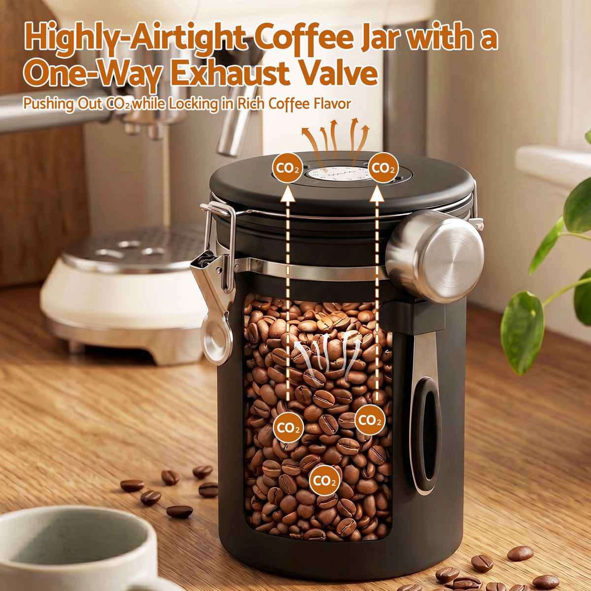 5-Star Chef 1.8L Stainless Steel Coffee Bean Storage Canister – Black