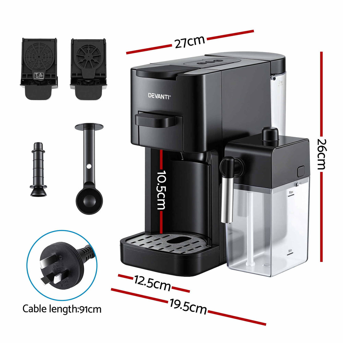Devanti Capsule Coffee Machine with Milk Frother, Black