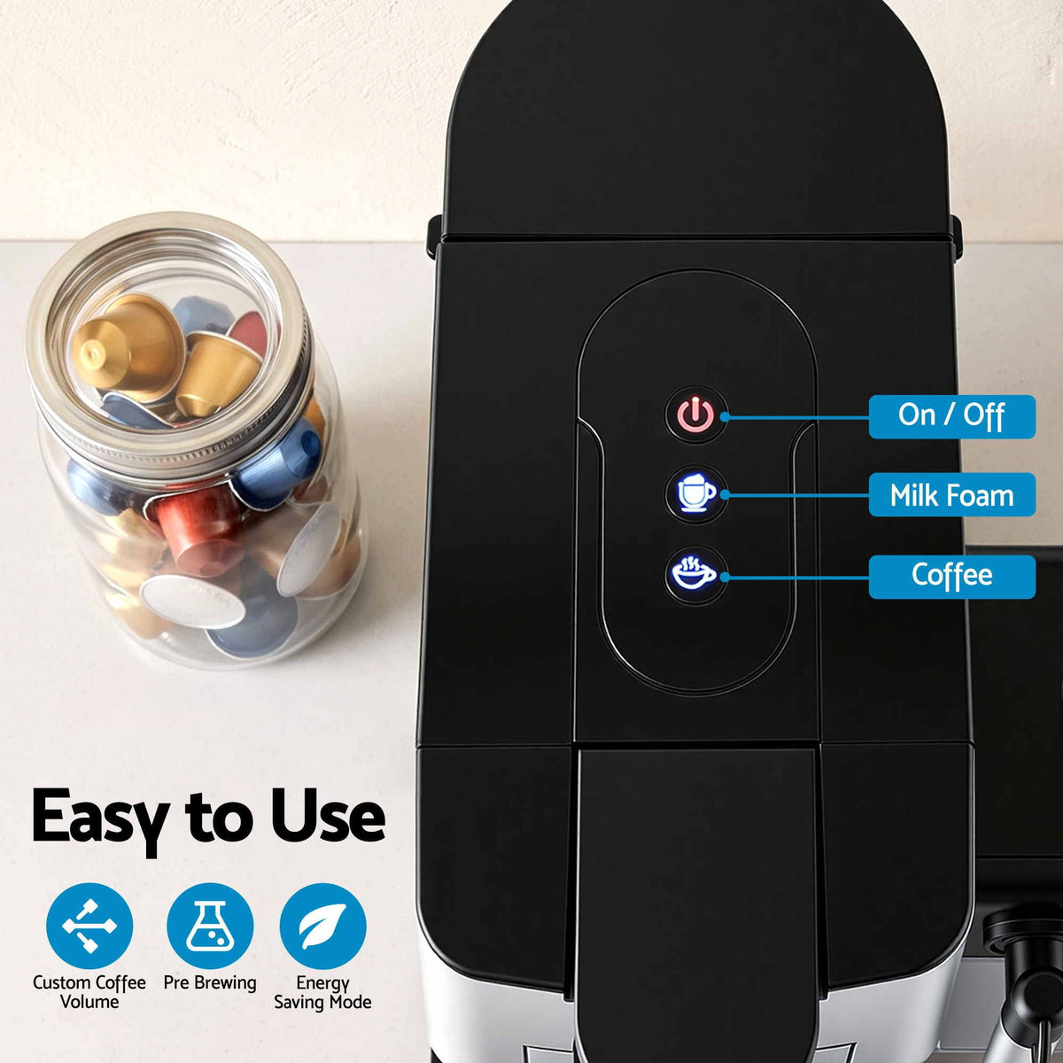 Devanti Capsule Coffee Machine with Milk Frother, Black