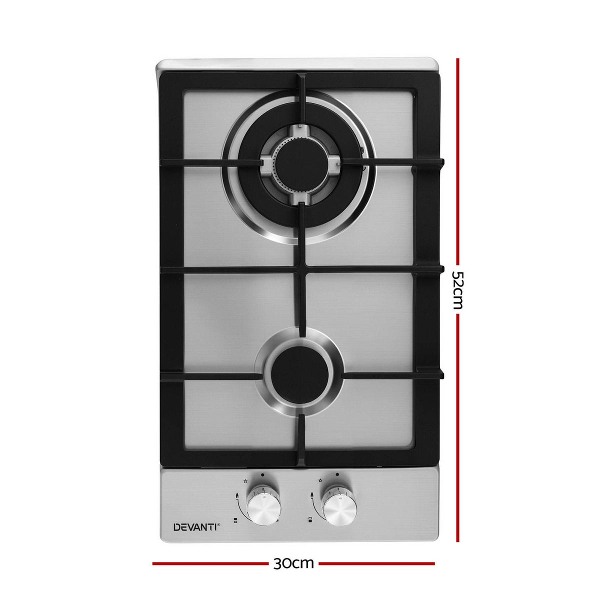 Devanti 30 cm Stainless Steel Two-Burner Gas Cooktop with Cast Iron Grates
