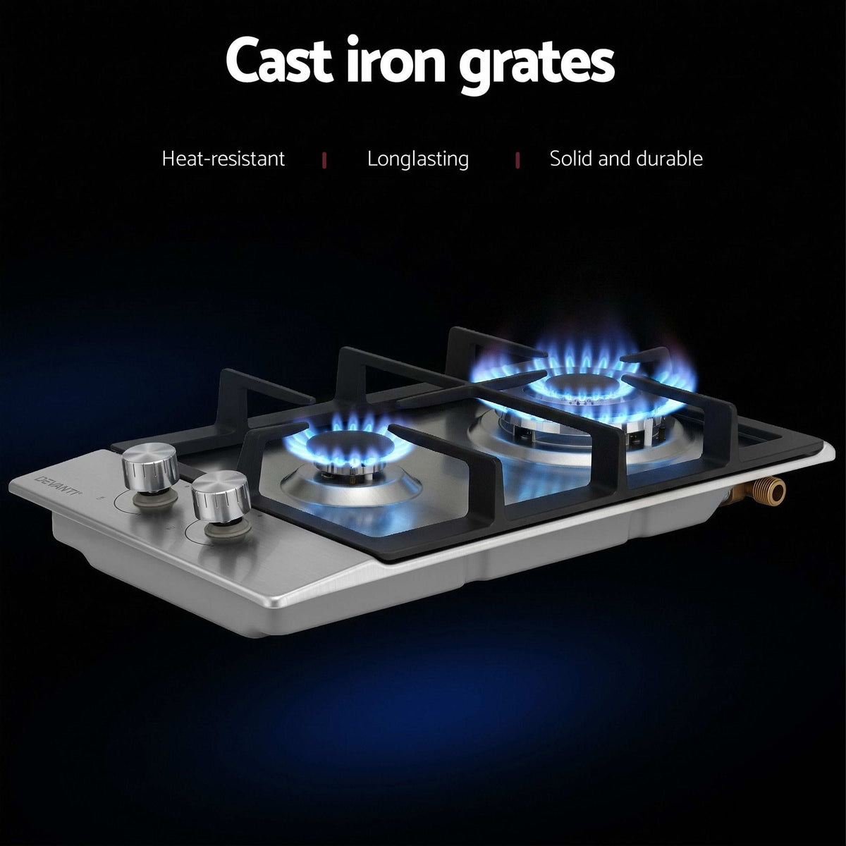 Devanti 30 cm Stainless Steel Two-Burner Gas Cooktop with Cast Iron Grates